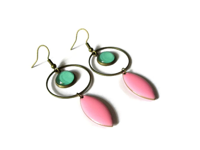 Turquoise Earrings Turquoise Hoops pink enamel earrings Gift for Women modern jewelry long earrings dangle earrings light green image 3