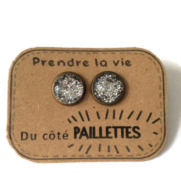 BOUCLES D'OREILLES paillettes argentées, Puces d'oreilles paillettes argentées, bijou paillettes, cabochon, scintillant, cadeau noel