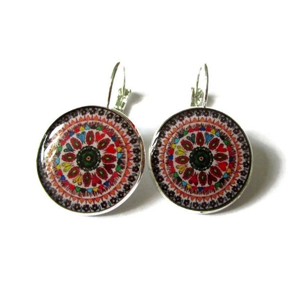 BOUCLES D'OREILLES MANDALA multicolore, rosace, Inde, fleurs, multicolore, hippie, romantique, vintage, cabochon