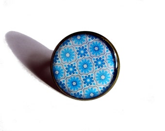 Maroccan Pattern Ring - Geometric Ring - light Blue Ring - Blue boho - Floral ring - Graphic Ring - Vintage Style - Adjustable Ring Cabochon
