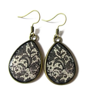 TEARDROP EARRINGS - drop earrings LACE Pattern -black  boho Earrings - Hippie Earrings - black lace Pattern -retro Earrings -vintage
