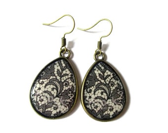TEARDROP EARRINGS - drop earrings LACE Pattern -black  boho Earrings - Hippie Earrings - black lace Pattern -retro Earrings -vintage - clip