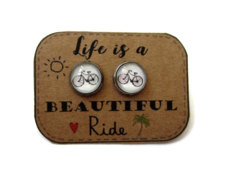 Little bike stud EARRINGS, Cyclist earrings, cute bicycle studs, Bike studs, quirky Jewellery, Cyclist Sports gift danslairdutemps, cabochon image 2
