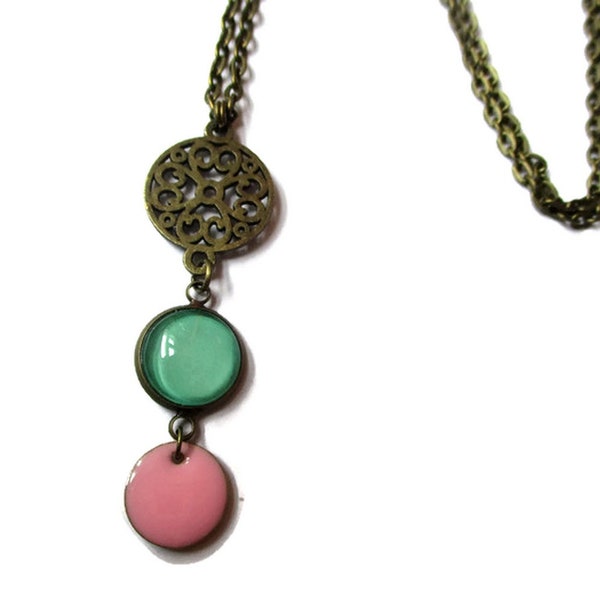 MINT necklace - GREEN jewelry - color pop necklace -mint pendant - colorblock - gift idea - pink enamel - statement necklace