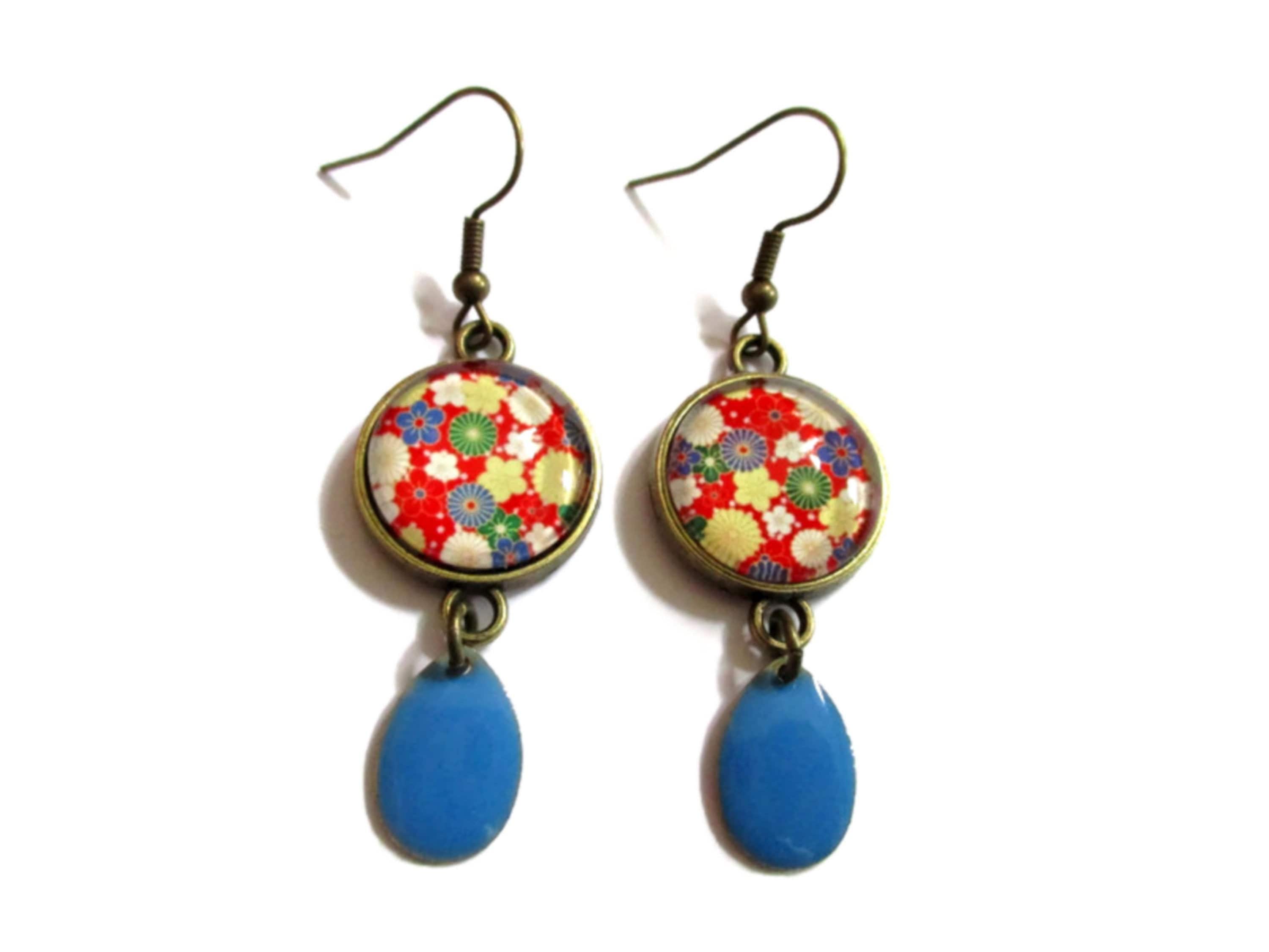 Japanese earrings Blue Enamel Dangle Earrings Floral Etsy