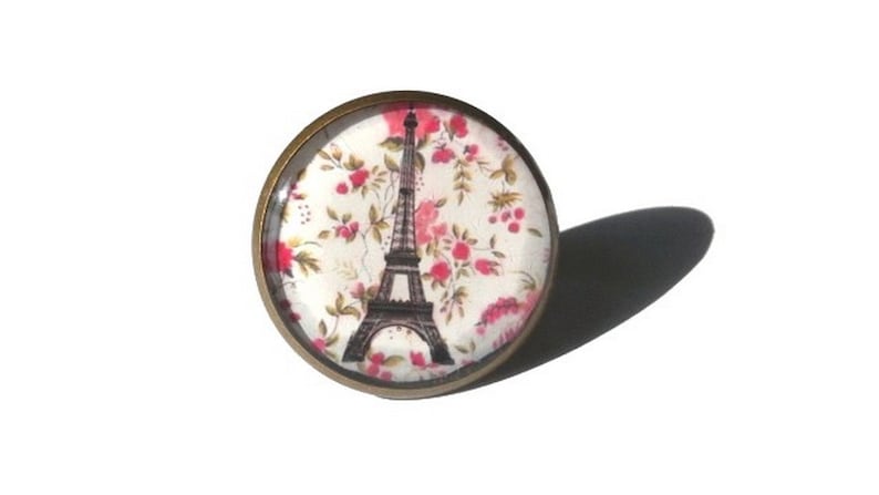 ANILLO TORRE EIFFEL, rosa, blanco, joyería de la Torre Eiffel, anillo de París, flores, estilo libertad, retro, París, romántico, cabujón de cristal imagen 1
