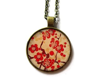 CHERRY BLOSSOM NECKLACE - Sakura Necklace - Sakura jewelry - Flower Necklace - Floral Necklace - Red Flowers - Picture Necklace - Japan