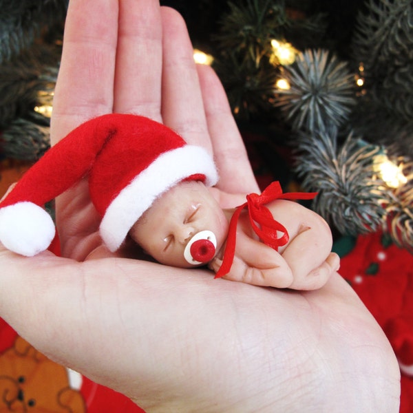 Sweet OOAK Baby with Santa Hat  Christmas Ornament Polymer Clay for Baby's First! Free Personalization