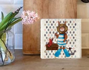 Tile rabbit Theodor the diver 10 cm x 10 cm