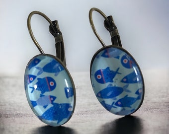Earrings "School of Fish Blue" oval