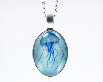 Glass necklace "Atlantis jellyfish, silver-colored