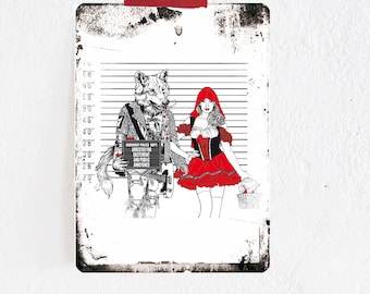 Postcard Little Red Riding Hood and the wolf knows