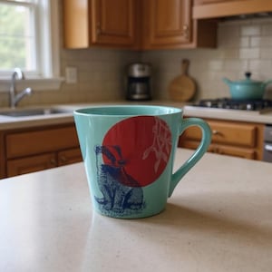 Pode incluir: Uma caneca de cerâmica azul-turquesa com uma ilustração de texugo em azul marinho e vermelho contra um círculo vermelho. A caneca tem uma alça curva e está colocada sobre uma bancada clara numa cozinha.