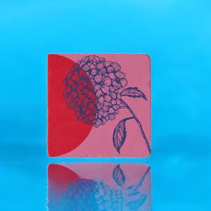 Può includere: Sottobicchiere quadrato con un design floreale. Il sottobicchiere presenta uno sfondo rosa con un semicerchio rosso e un'illustrazione floreale blu. Il sottobicchiere è quadrato e sembra essere realizzato in un materiale resistente.