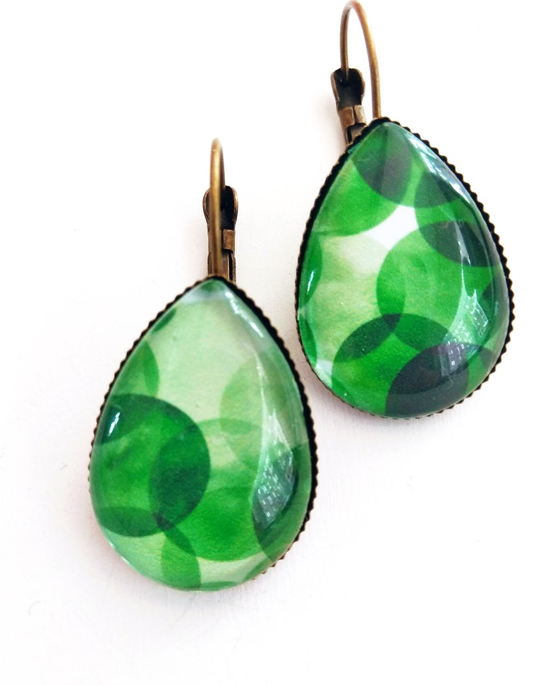 Earrings drops Big green bubbles bronze colors image 2