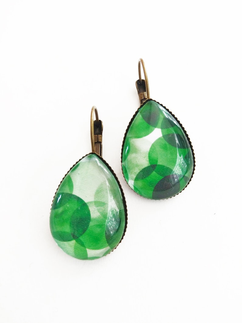 Earrings drops Big green bubbles bronze colors image 1