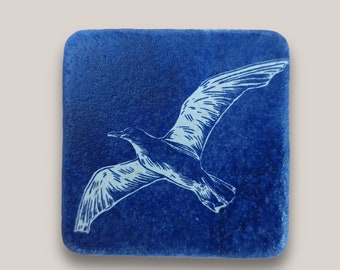 Magnet Minifliese Blaudruck Möwe blau 50 mm x 50 mm