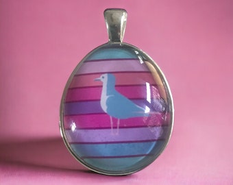 Glass necklace "Rainbow Ship Seagull" egg silver-colored