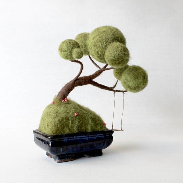 Bonsai needle felted, with mushrooms, and wood swing; artdoll; diorama; miniature