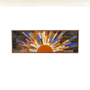 Wood wall art Burning Daylight 60x20 wood wall art, wall art, modern art, contemporary art, gift, sunset, sunrise, wooden sun, Stains image 5