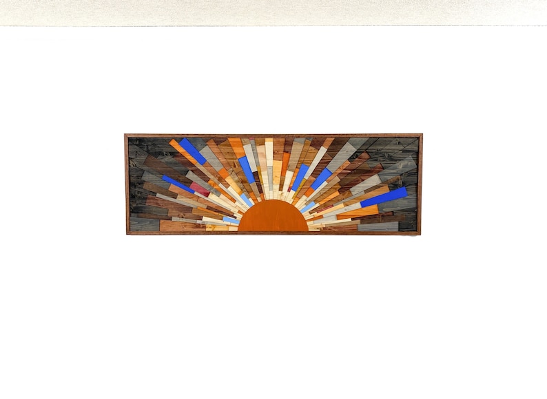 Wood wall art Burning Daylight 60x20 wood wall art, wall art, modern art, contemporary art, gift, sunset, sunrise, wooden sun, Stains image 5