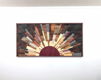 Wood wall art - "Edge of the Day 3D, 60x30" - wooden wall art, home decor, painting, staining, Jeremy Gould, wall hanging, sunrise, sunset