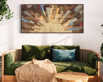 Large 3D Wood Wall Art - "Caribbean Sunset" - Modern Wooden Wall Hanging (65x30)