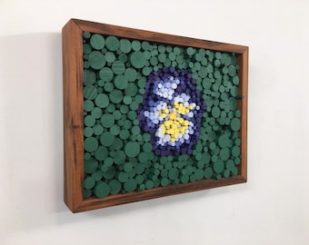 Abstract art - &quot;Blue and purple Pansy&quot; - wood wall art, pointillism, dowel art,  wooden art, contemporary art, stainsandgrains, Jeremy Gould