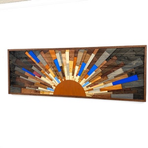 Wood wall art Burning Daylight 60x20 wood wall art, wall art, modern art, contemporary art, gift, sunset, sunrise, wooden sun, Stains image 9