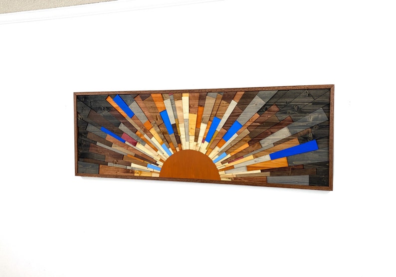 Wood wall art Burning Daylight 60x20 wood wall art, wall art, modern art, contemporary art, gift, sunset, sunrise, wooden sun, Stains image 9