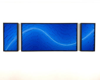 Wood art - "Electric Atlantic Tryptich" - Wooden wall art, cobalt blue, curvy, modern art, contemporary art, geology, Jeremy Gould