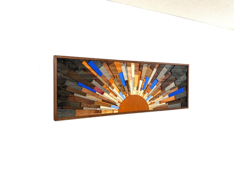 Wood wall art Burning Daylight 60x20 wood wall art, wall art, modern art, contemporary art, gift, sunset, sunrise, wooden sun, Stains image 6