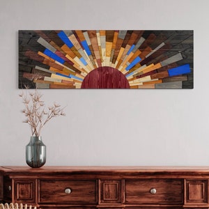 Blue September Wood Wall Art: Modern Sunset Sunrise (60x20)