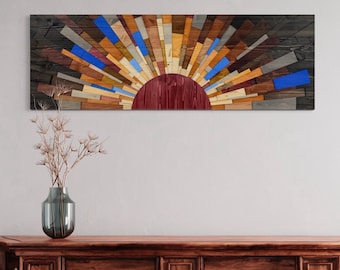 Blue September Wood Wall Art: Modern Sunset Sunrise (60x20)