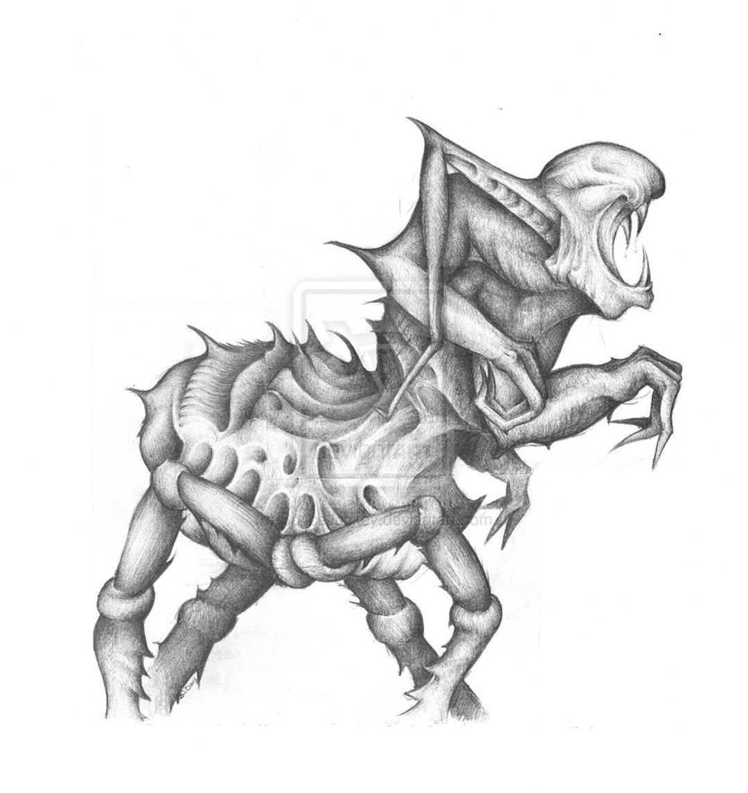 Alta calidad de dibujo a lápiz monstruo Alien firmado - Etsy México