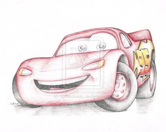 Lightning McQueen Cars Pixar Cartoon Movie Art Pencil Drawing HQ Signed A4 Print