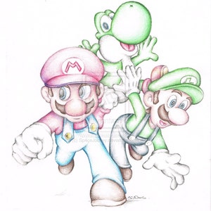 Super Mario Brothers Luigi Yoshi Nintendo Cartoon Art Pencil Drawing A4 Print