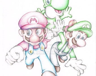 Super Mario Brothers Luigi Yoshi Nintendo Cartoon Art Pencil Drawing A4 Print