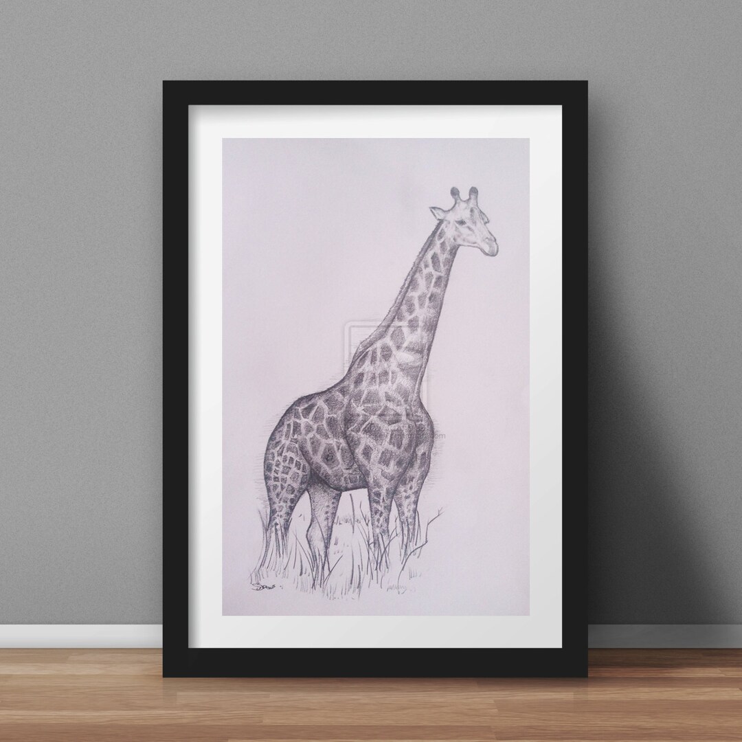 絵画 Girappy Giraffe Art Pencil Drawing High Quality Signed A4 Print
