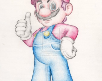 Super Mario Brothers Bros Nintendo Art Coloured Pencil Drawing Signed A4 Print