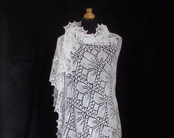 Hand Knitted Square Lace Shawl in White Pure Estonian Wool. Wedding/ Christening Shawl. Ready to Ship. Beaded Edge. 50" x 50"