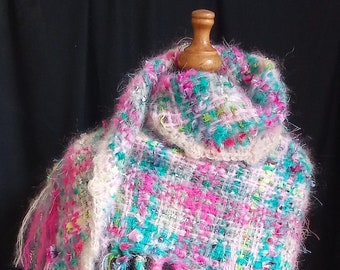Handwoven triangular shoulder shawl in pink, green and beige mohair blend yarns. Handmade in England. Ready to ship