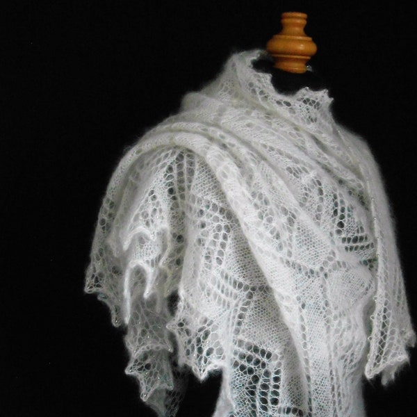 Hand Knitted Lace Wedding Shawl in Kid Mohair and Silk. Crescent Shape with Glass Beads. Off White. Made to order.