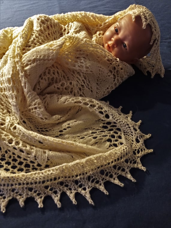 Bridal christening Shawl. Hand Knitted Floral Lace Design With