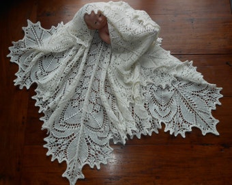 Heirloom Hand Knitted Lace Baby Shawl / Wedding Shawl. Square Heirloom Shawl. Natural Fibres. MADE TO ORDER