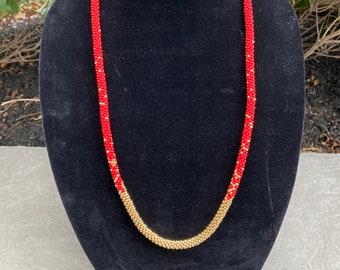 Handmade Beaded Red Gold Ombré Kumihimo Necklace