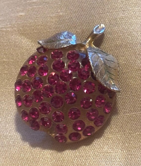 Forbidden Fruit Lucite and Fuchsia Rhinestones Apple Brooch