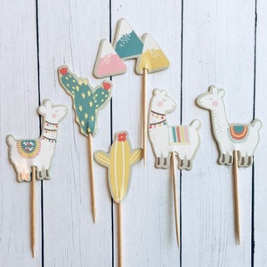 Cute Llama and Cactus Cake Cupcake Topper Set of 6, Pastel colors, Birthday Decor, Double sided topper, Cupcake Decorating, Llama Party