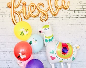 Llama Balloon with air filled FIESTA foil Balloon and set of 5 11" latex Balloons, Giant 41 inch Llama Mylar Balloon, Holy Llama Party Decor