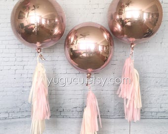 Metallic Rose Gold Round 15” Foil Balloons with tassel,  Rose Gold Decor,  Baby Shower, It's a Girl, Bachelorette Party, Sweet Sixteen